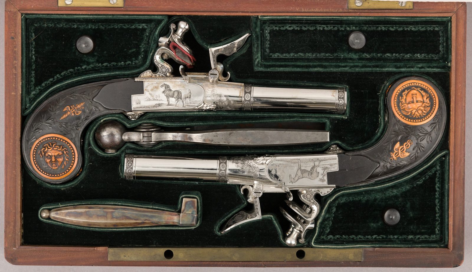 Cased Pair of Double-Barreled Turn-Off Flintlock Pistols — Met 28.196.5–.6a–c