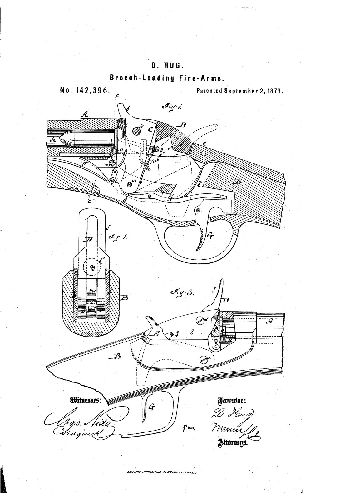 Improvement in breech-loading fire-arms — US142396A sheet