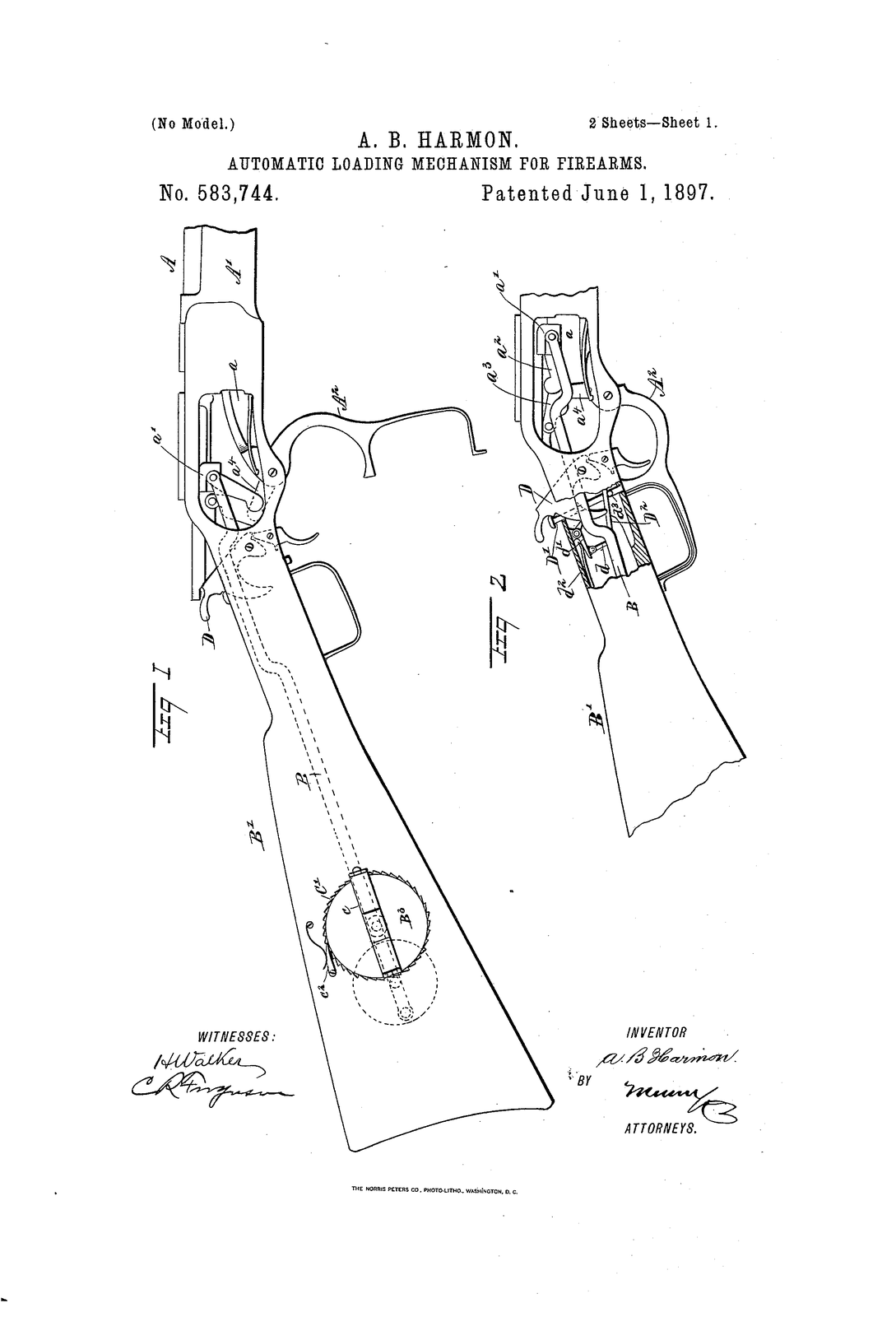 Automatic loading mechanism for firearms — US583744A sheet