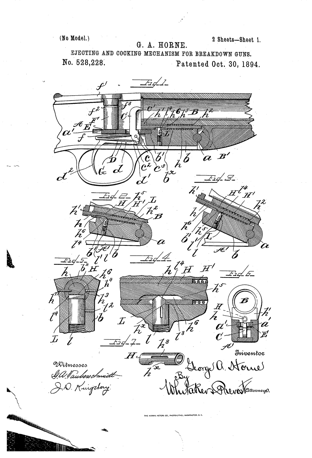 Ejecting and cocking mechanism for breakdown guns — US528228A sheet