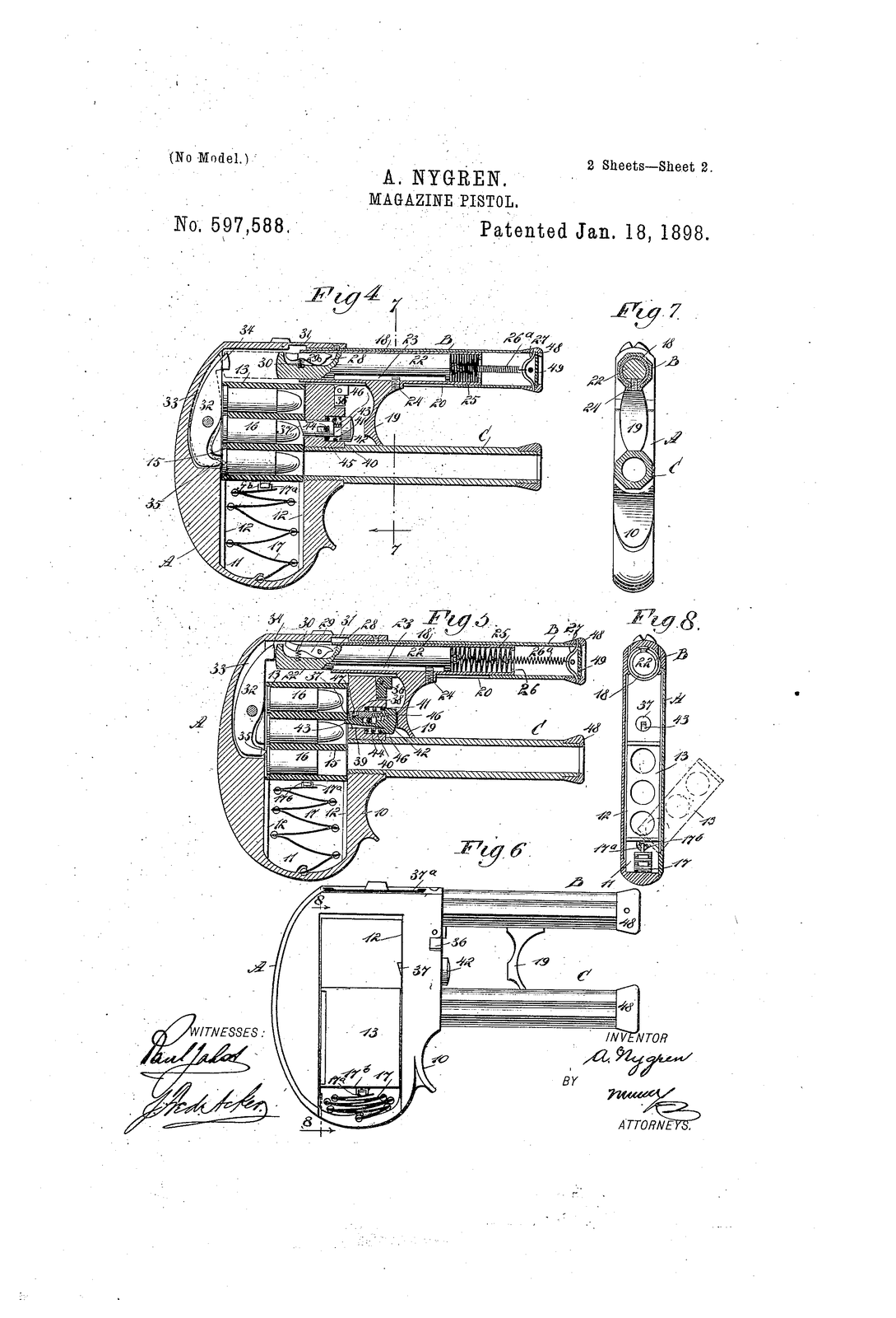 Magazine-pistol — US597588A sheet