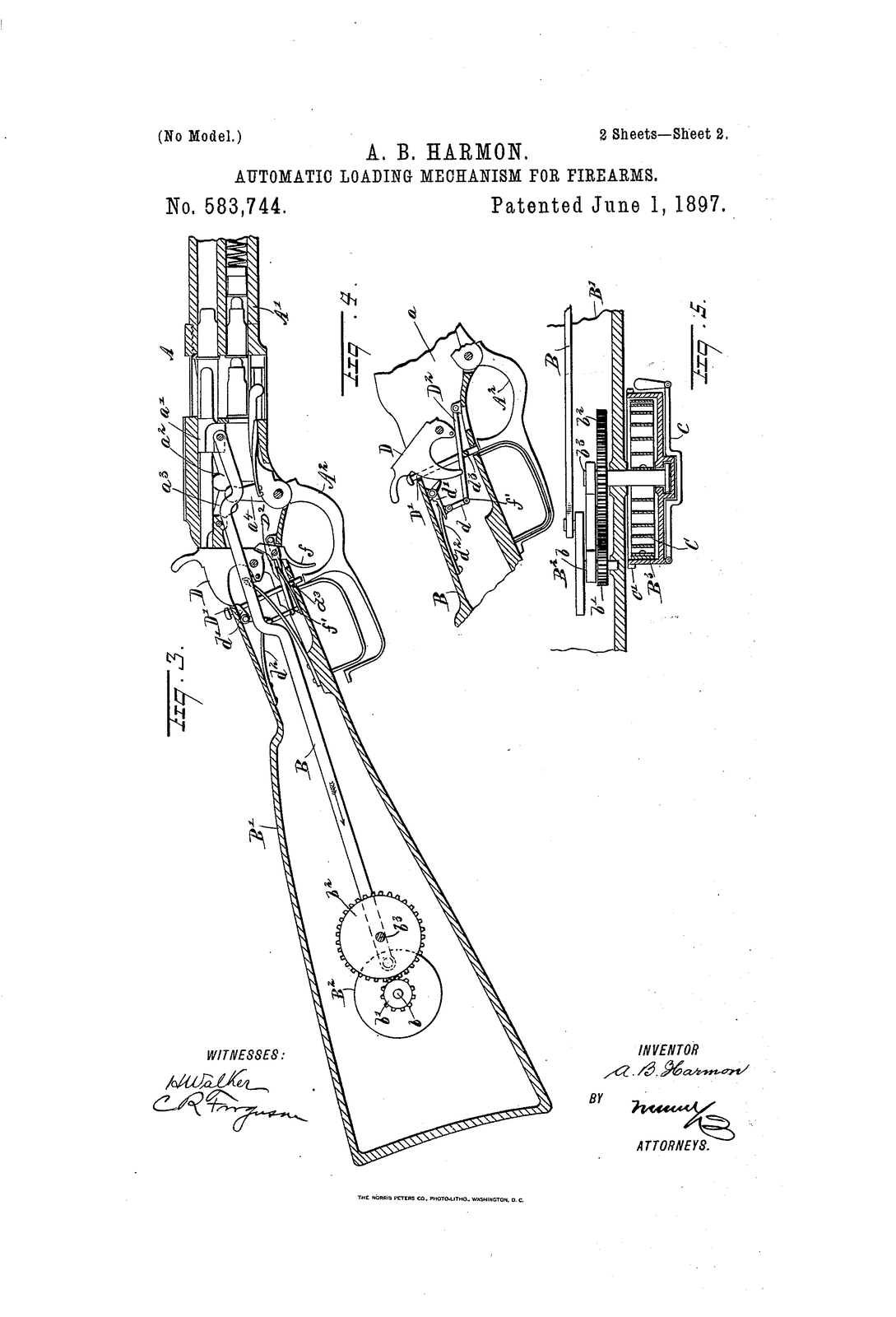 Automatic loading mechanism for firearms — US583744A sheet