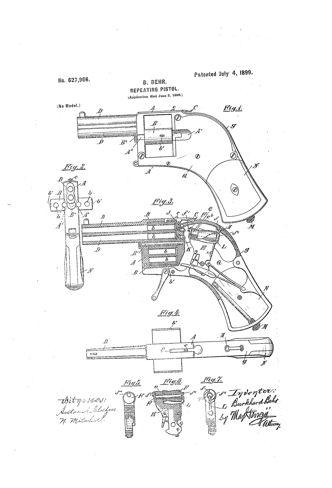 Repeating pistol. — US627966A sheet 2 (1898)