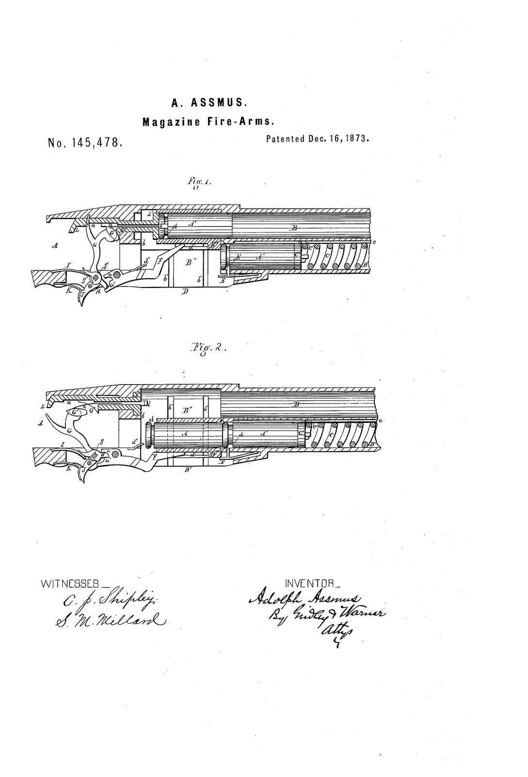 Improvement in magazine fire-arms — US145478A sheet