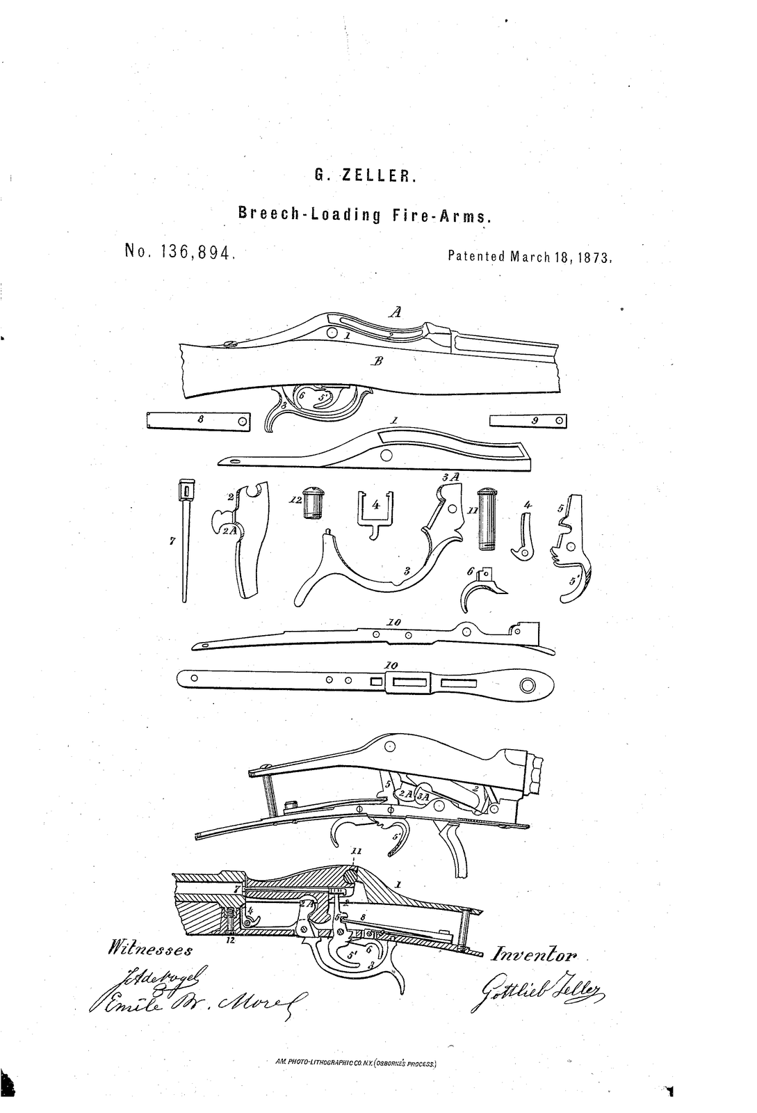 Improvement in breech-loading fire-arms — US136894A sheet
